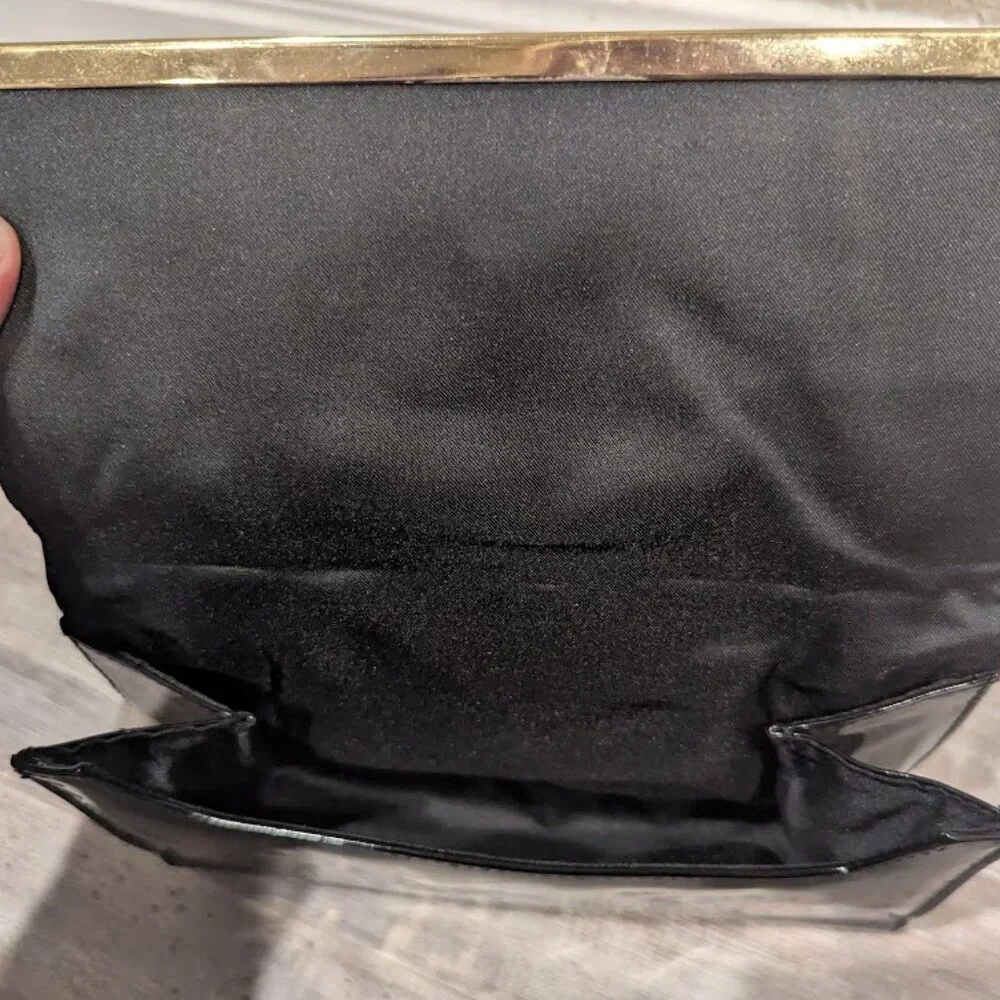 Estée Lauder Black Patent Glossy Evening Clutch | Gold Bar Trim